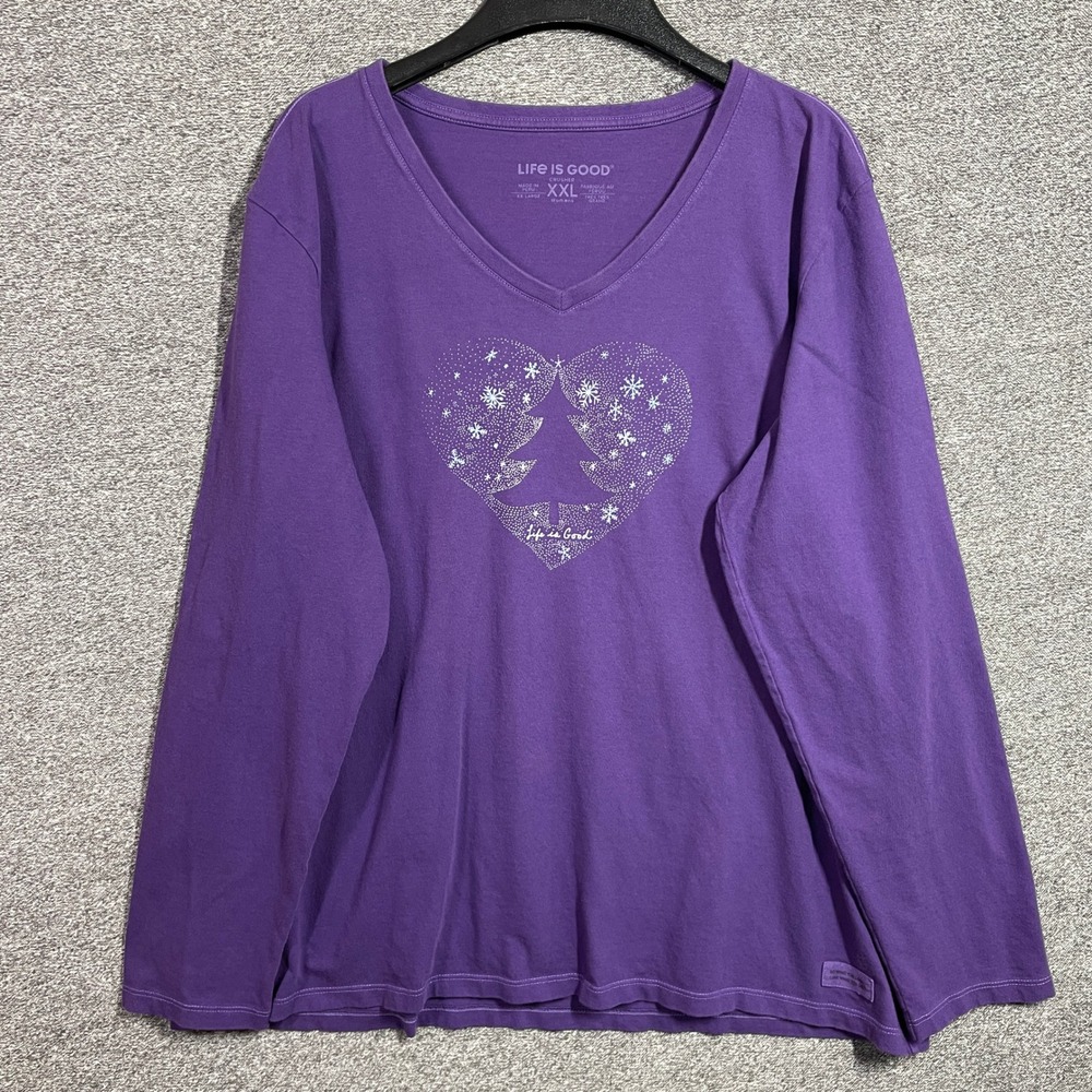 Life is Good Womens XXL Purple Crusher V-Neck Long Sleeve Christmas Heart Tee